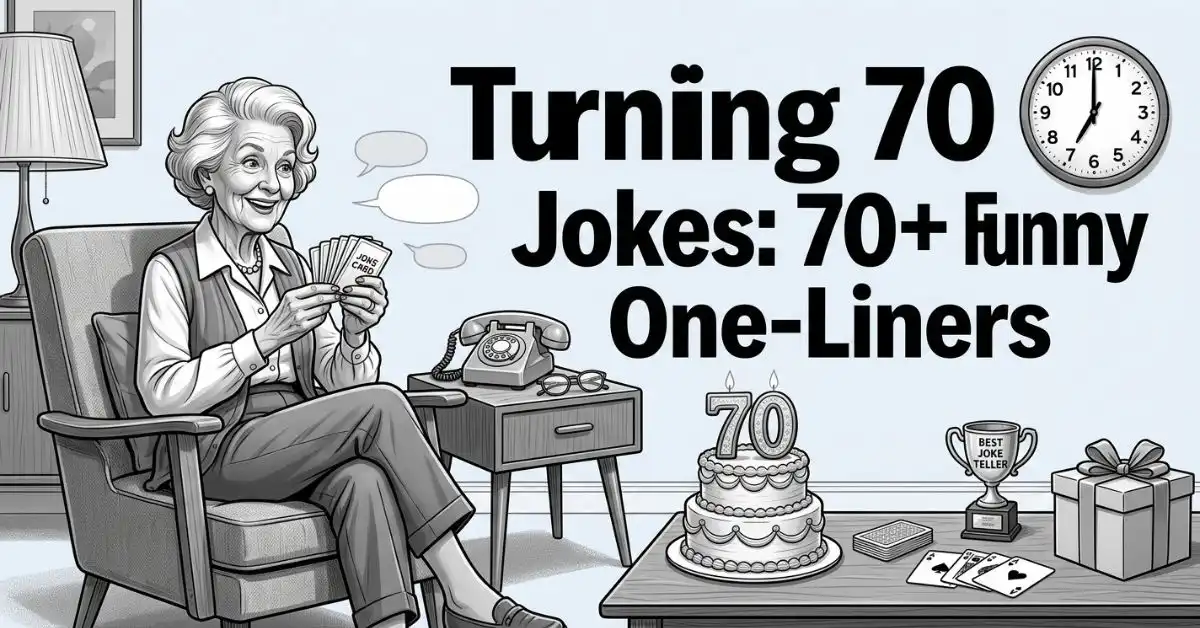 A grayscale illustration of a smiling senior woman sitting in an armchair holding joke cards next to a retro phone, a birthday cake with a number 70 topper, a trophy, and a wall clock set to 7:00, with the title "Turning 70 Jokes: 70+ Funny One-Liners" displayed prominently.