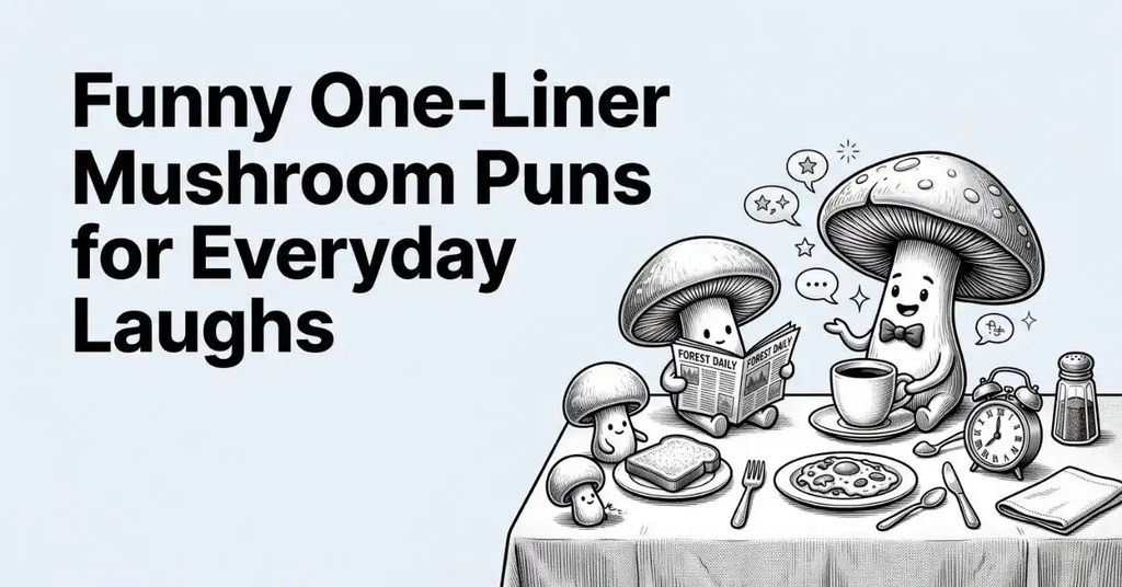 A grayscale illustration of a funny breakfast scene where mushroom characters are seated at a table, one holding a coffee mug and speaking, another reading a miniature newspaper, next to an alarm clock, toast, and a plate, with the title "Funny One-Liner Mushroom Puns for Everyday Laughs" on the left.