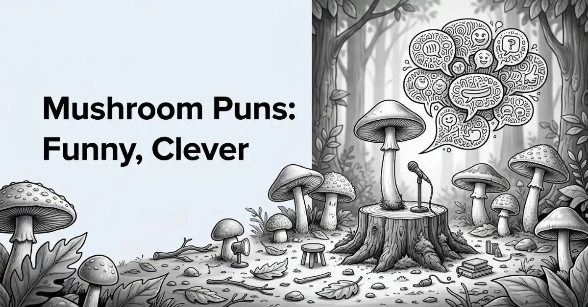 A low-angle grayscale illustration of a woodland mushroom comedy scene, featuring a tall mushroom standing on a tree stump with a microphone next to a large speech bubble filled with doodle symbols, surrounded by other mushrooms as an audience, with the title "Mushroom Puns: Funny, Clever" on the left.