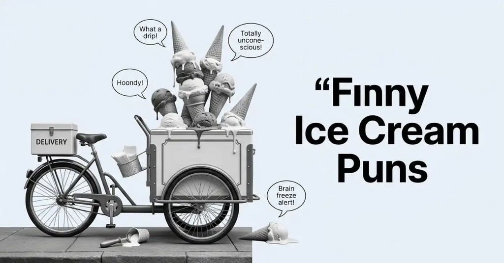 A black and white illustration of a vintage ice cream delivery bicycle cart holding a towering stack of melting ice cream cones with speech bubbles, a fallen scoop on the ground, and the bold title "Funny Ice Cream Puns" positioned on the right side over a clean background.