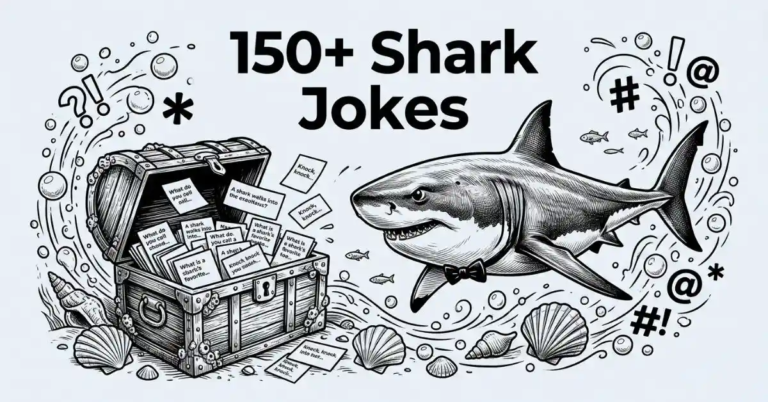 Detailed black and white featured image for "150+ Shark Jokes" on a solid light gray background. Shows a realistic great white shark wearing a bow tie swimming alongside an open wooden treasure chest filled with joke cards, bubbles, and sea shells.
