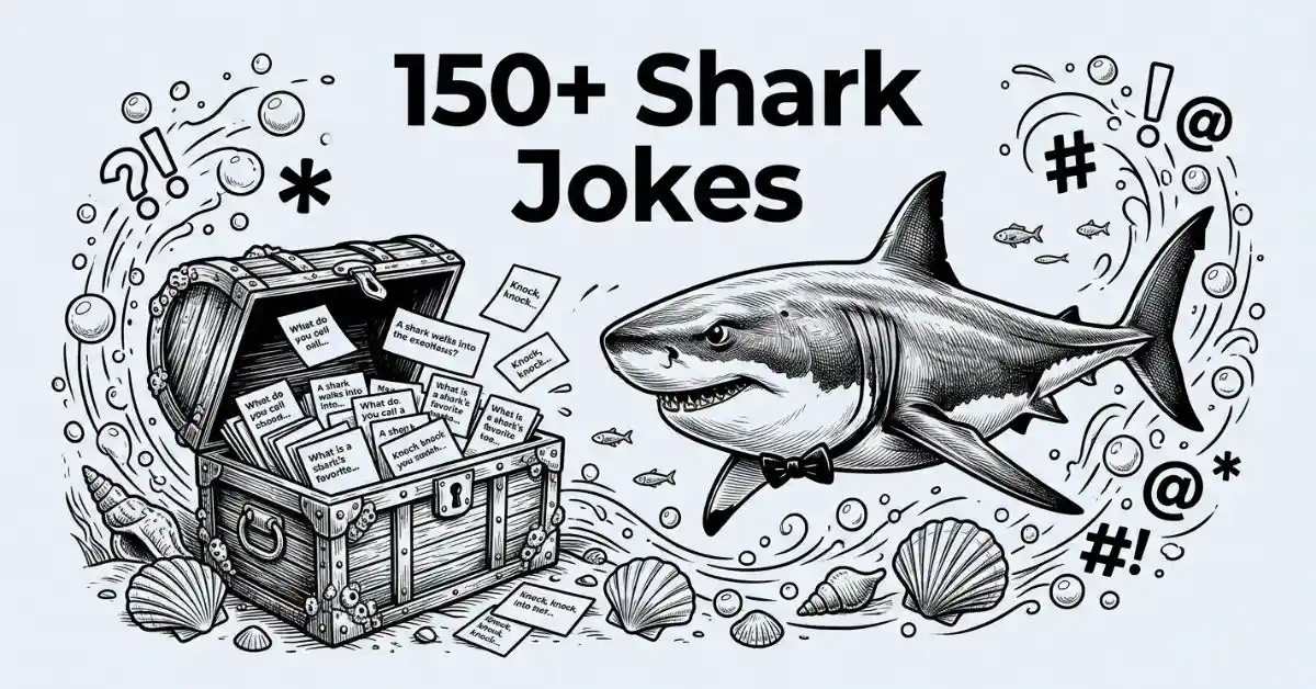 Detailed black and white featured image for "150+ Shark Jokes" on a solid light gray background. Shows a realistic great white shark wearing a bow tie swimming alongside an open wooden treasure chest filled with joke cards, bubbles, and sea shells.