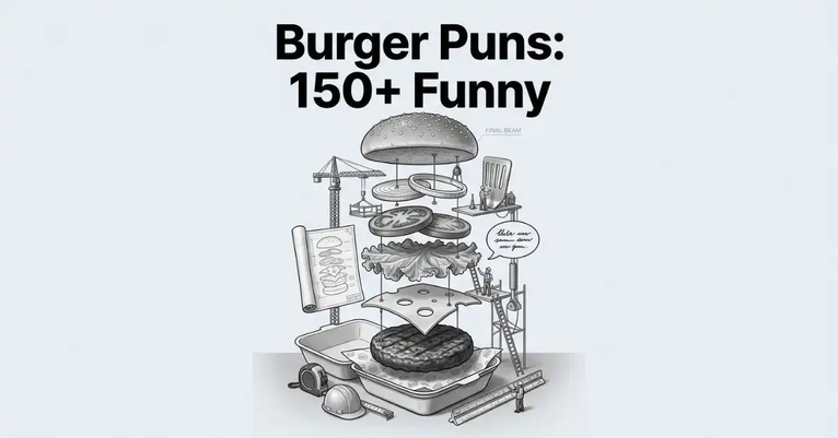 Grayscale editorial illustration of a layered burger being assembled vertically in an engineering workshop style, complete with mini tools, blueprints, and a speech bubble under the headline 'Burger Puns: 150+ Funny.