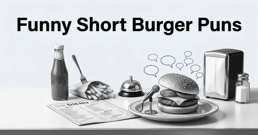Grayscale illustration of a single burger placed behind a tiny stand-up comedy microphone on a retro diner counter with fries, ketchup, and blank speech bubbles, titled 'Funny Short Burger Puns.