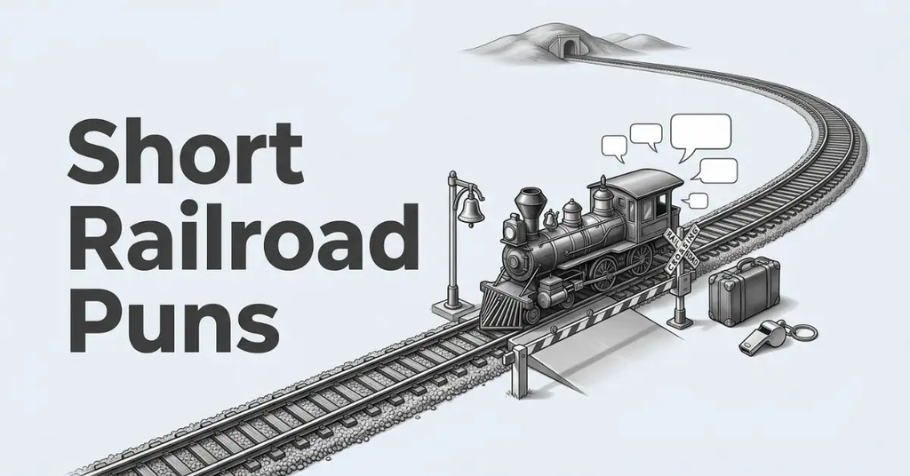 High-angle grayscale illustration of a tiny vintage steam train stopped at a railway crossing with speech bubbles and tracks curving into the distance, titled 'Short Railroad Puns.