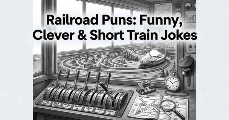 Grayscale over-the-shoulder view of a railway control room panel with control levers, pocket watch, route map, and a window looking out at a miniature train, titled 'Railroad Puns: Funny, Clever & Short Train Jokes.