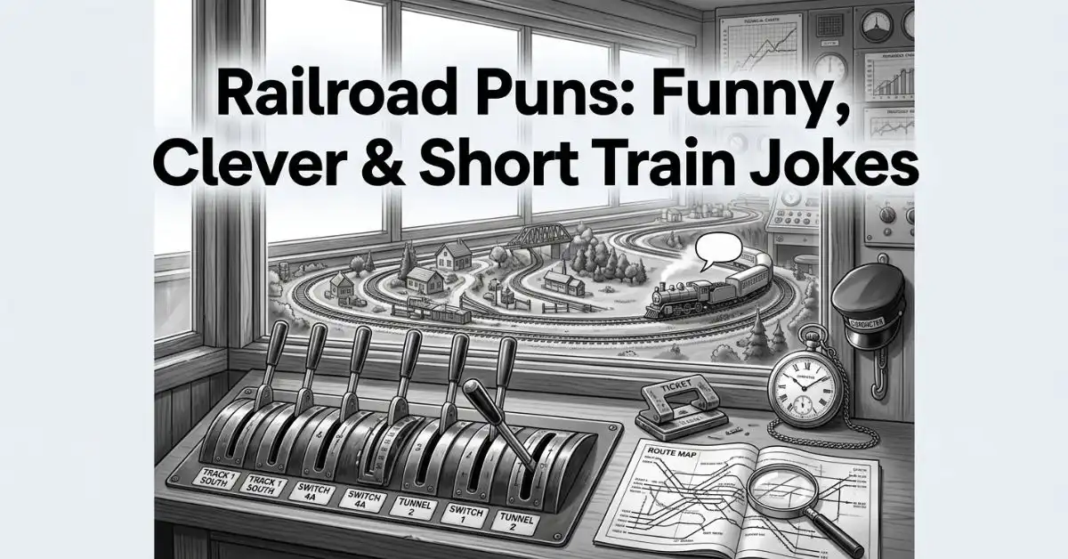Grayscale over-the-shoulder view of a railway control room panel with control levers, pocket watch, route map, and a window looking out at a miniature train, titled 'Railroad Puns: Funny, Clever & Short Train Jokes.