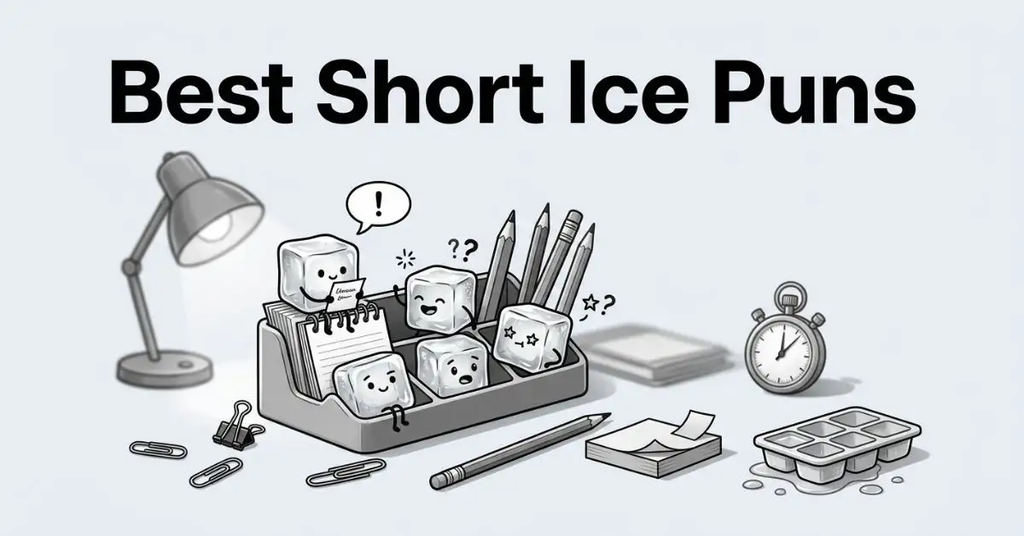 Macro grayscale desk organizer scene featuring cheerful ice cube characters sitting in a pencil holder and on sticky notes next to office supplies, titled 'Best Short Ice Puns.