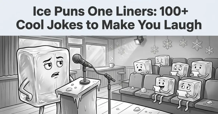 Grayscale illustration of a large ice cube character performing stand-up comedy at a podium in front of an audience of smaller ice cubes holding joke cards, titled 'Ice Puns One Liners: 100+ Cool Jokes to Make You Laugh.