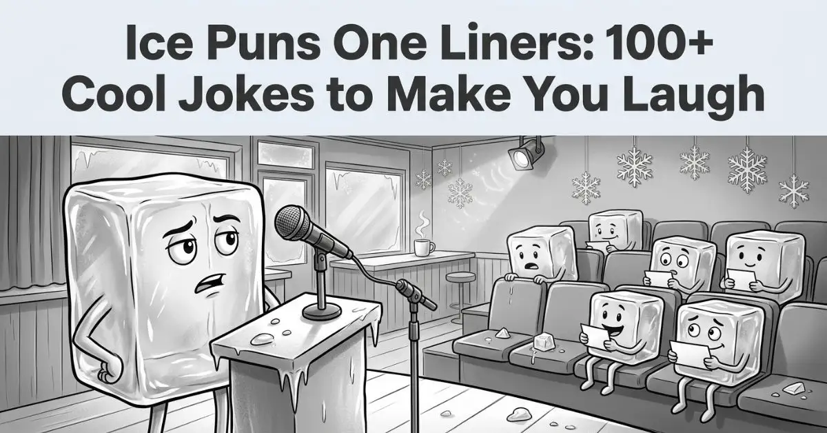 Grayscale illustration of a large ice cube character performing stand-up comedy at a podium in front of an audience of smaller ice cubes holding joke cards, titled 'Ice Puns One Liners: 100+ Cool Jokes to Make You Laugh.
