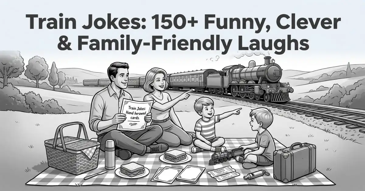 Grayscale illustration of a family having a picnic blanket lunch beside a railway track as a steam train passes by in the background, titled 'Train Jokes: 150+ Funny, Clever & Family-Friendly Laughs.