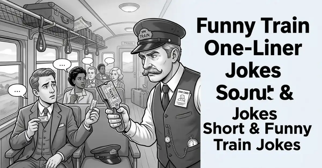 Grayscale illustration of a train conductor using an oversized ticket punch on comically small tickets held by train passengers in a vintage carriage, titled 'Funny Train One-Liner Jokes Short & Funny Train Jokes.