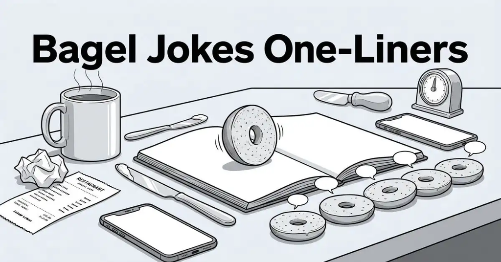 Black and white illustration of a morning café table seen from a low angle. A sliced bagel stands vertically like a speaker in the middle of an open notebook, surrounded by a coffee mug, receipt, knife, and a row of bagel halves with speech bubbles. Features the text "Bagel Jokes One-Liners" prominently at the top.