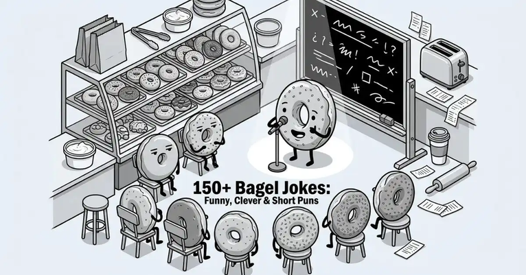 Black and white editorial illustration of a busy bagel bakery counter transformed into a miniature comedy club. A large bagel stands on a small podium holding a tiny microphone, while an audience of various bagels sits around watching. Includes a display case, tongs, coffee cup, and a chalkboard with the title "150+ Bagel Jokes: Funny, Clever & Short Puns" in bold typography.
