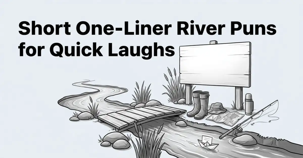 Black and white low-angle illustration of a narrow stream with a wooden footbridge and a large blank wooden signboard next to it. Includes fishing gear, wading boots, river rocks, and a paper boat carrying a card. The title "Short One-Liner River Puns for Quick Laughs" is displayed in bold text in the top left.