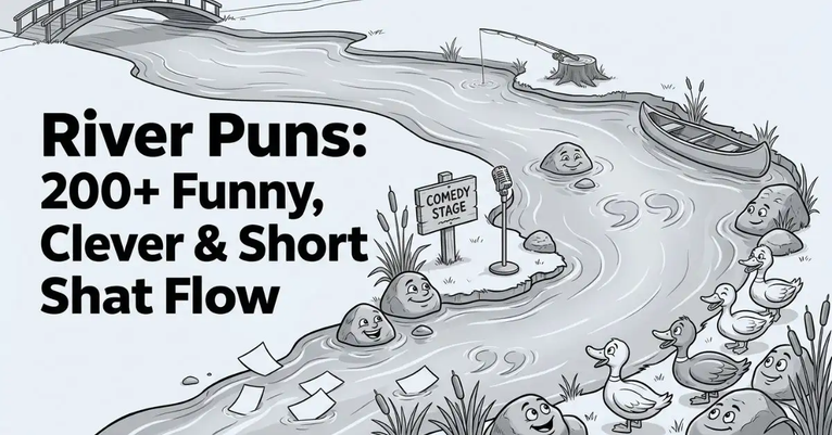 High aerial perspective illustration in black and white featuring an S-shaped river flowing through a scenic landscape. A wooden "Comedy Stage" sign and microphone stand sit on a tiny island while expressive river rocks and ducks watch from the banks. Bold typography displays the title "River Puns: 200+ Funny, Clever & Short Jokes That Flow.