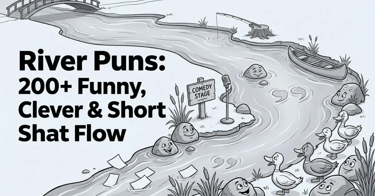 High aerial perspective illustration in black and white featuring an S-shaped river flowing through a scenic landscape. A wooden "Comedy Stage" sign and microphone stand sit on a tiny island while expressive river rocks and ducks watch from the banks. Bold typography displays the title "River Puns: 200+ Funny, Clever & Short Jokes That Flow.