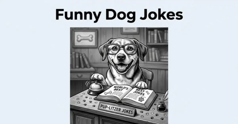 Charming black and white image for "Funny Dog Jokes" on a #EDF2F7 background. Features a smiling dog wearing glasses sitting at a wooden desk with a desk bell, an open "World's Best Jokes" book, and paw-print confetti.