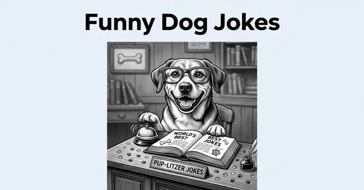 Charming black and white image for "Funny Dog Jokes" on a #EDF2F7 background. Features a smiling dog wearing glasses sitting at a wooden desk with a desk bell, an open "World's Best Jokes" book, and paw-print confetti.