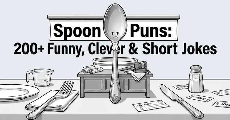 Dramatic low-angle black and white illustration of a kitchen counter courtroom scene. An oversized spoon stands as a judge behind a tiny bench with a soup bowl and wooden gavel, while a fork and knife sit in the foreground like opposing lawyers. The bold title "Spoon Puns: 200+ Funny, Clever & Short Jokes" is framed at the top.