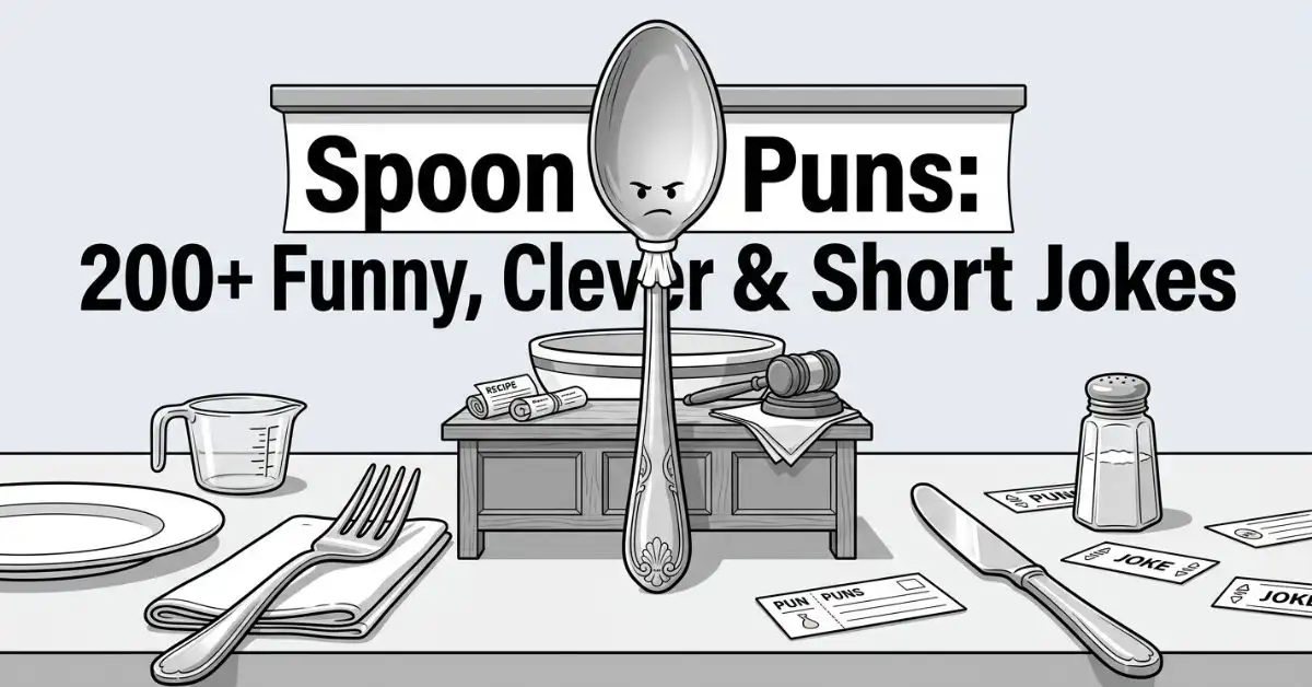 Dramatic low-angle black and white illustration of a kitchen counter courtroom scene. An oversized spoon stands as a judge behind a tiny bench with a soup bowl and wooden gavel, while a fork and knife sit in the foreground like opposing lawyers. The bold title "Spoon Puns: 200+ Funny, Clever & Short Jokes" is framed at the top.