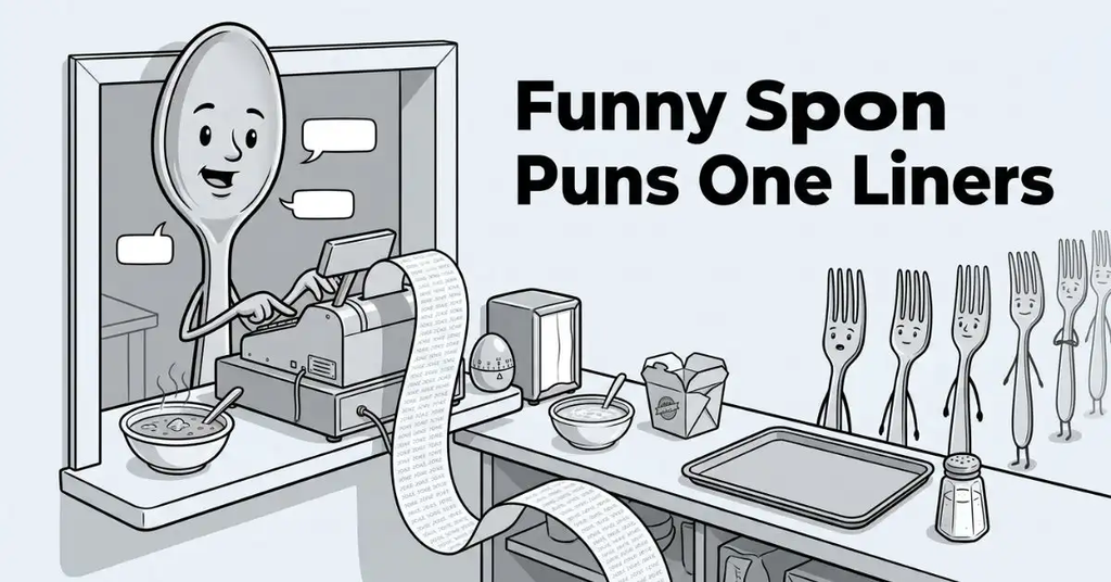 Black and white side-angle illustration of a restaurant service window where a friendly spoon acts as a cashier behind a register, dispensing a long receipt strip of joke cards. A queue of fork characters stands waiting in line. Features the bold text "Funny Spoon Puns One Liners" on the top right.