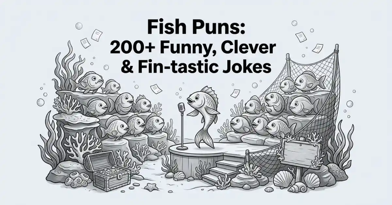 Front-facing black and white illustration of an underwater comedy theater. A fish stands on a podium holding a microphone on stage, surrounded by coral, seaweed, and a treasure chest, while rows of fish sit in a tiered audience. Includes the bold title "Fish Puns: 200+ Funny, Clever & Fin-tastic Jokes.