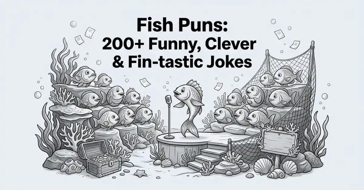 Front-facing black and white illustration of an underwater comedy theater. A fish stands on a podium holding a microphone on stage, surrounded by coral, seaweed, and a treasure chest, while rows of fish sit in a tiered audience. Includes the bold title "Fish Puns: 200+ Funny, Clever & Fin-tastic Jokes.