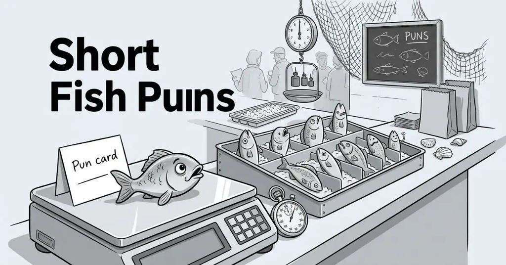 Close-up side-angle black and white illustration of a fish market counter. A small fish sits on a digital weighing scale next to a blank "Pun card" and a stopwatch, while other fish are arranged in an ice display tray. The bold text "Short Fish Puns" is positioned in the top left corner.
