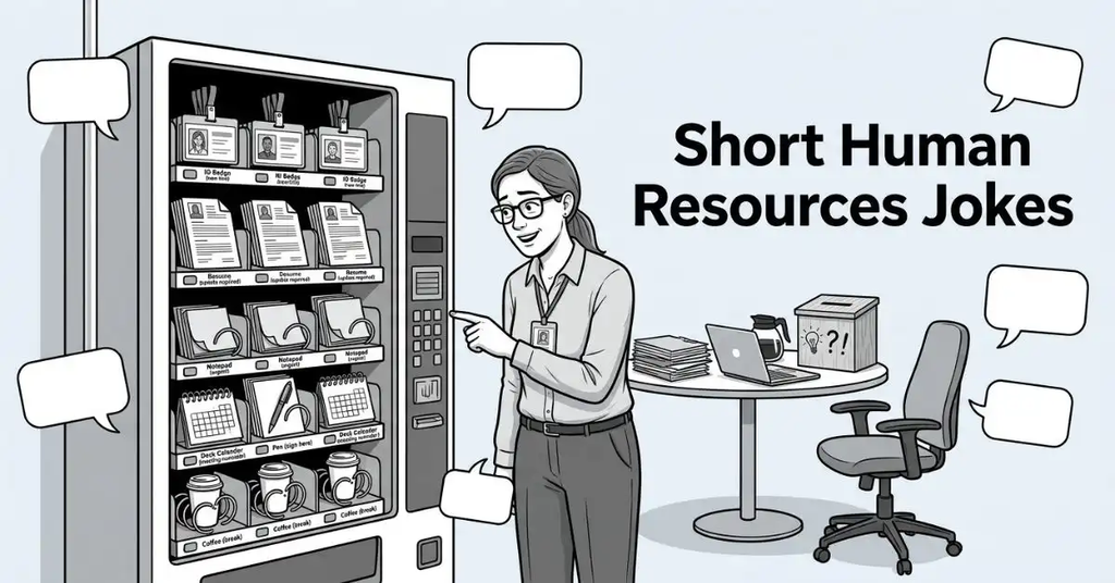 A playful graphic image captured from a sideways candid perspective showing a funny HR break-room scene, where an HR employee stands beside a vending machine filled with office supplies while blank speech bubbles float overhead. Text on top reads: "Short Human Resources Jokes