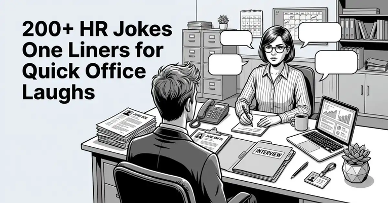 A professional graphic image showcasing a quirky HR office interview from an over-the-desk perspective, where a serious HR manager interviews a candidate alongside a stack of resumes and floating blank speech bubbles. Text on top reads: "200+ HR Jokes One Liners for Quick Office Laughs