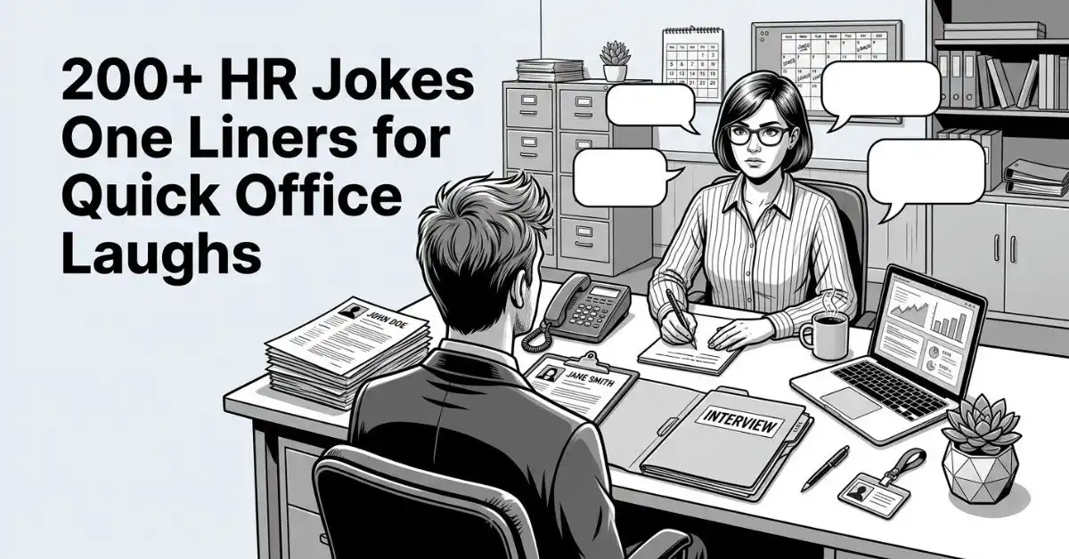 A professional graphic image showcasing a quirky HR office interview from an over-the-desk perspective, where a serious HR manager interviews a candidate alongside a stack of resumes and floating blank speech bubbles. Text on top reads: "200+ HR Jokes One Liners for Quick Office Laughs