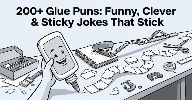 A dynamic, textured black-and-white illustration depicting a glue-themed workshop centered around a smiling oversized glue bottle leading a craft activity. Text on top reads: "200+ Glue Puns: Funny, Clever & Sticky Jokes That Stick
