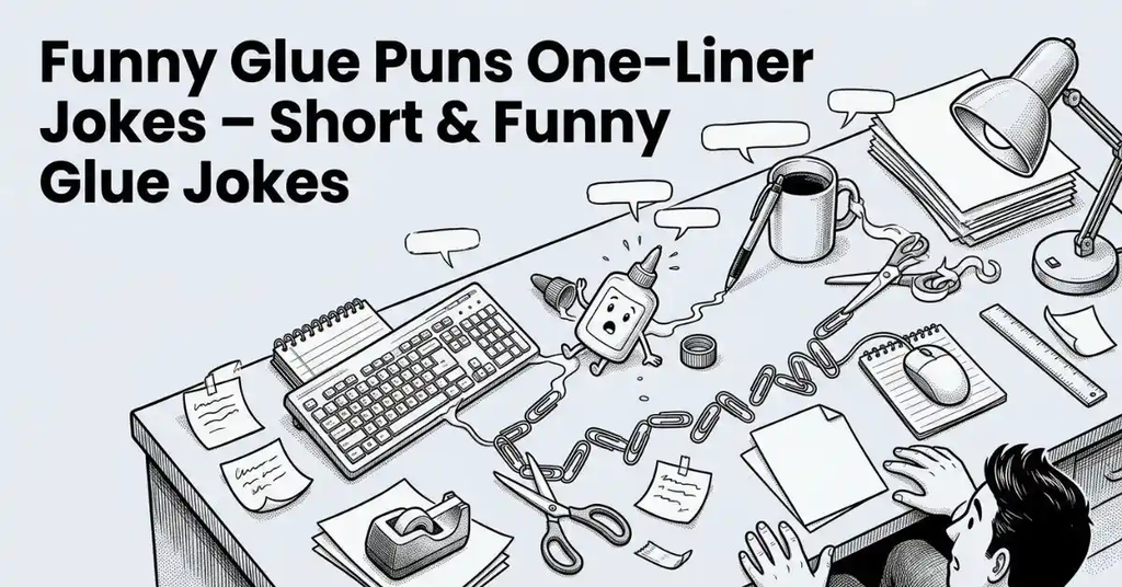 An artistic black-and-white top-down aerial illustration depicting a chaotic office desk filled with glued-together items, documents, scissors, and a lamp, featuring floating blank speech bubbles. Text on top reads: "Funny Glue Puns One-Liner Jokes – Short & Funny Glue Jokes