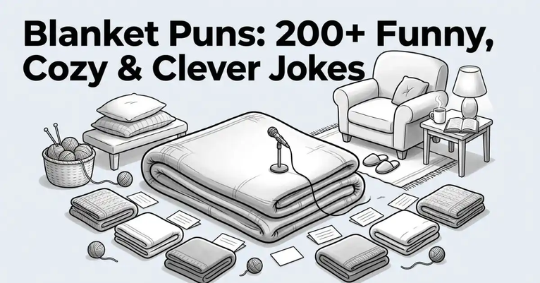 A cozy black-and-white floor-level drawing of an inviting living room scene, featuring a giant folded blanket used as a comedy stage with a tiny microphone and smaller folded blankets acting as the audience. Text on top reads: "Blanket Puns: 200+ Funny, Cozy & Clever Jokes