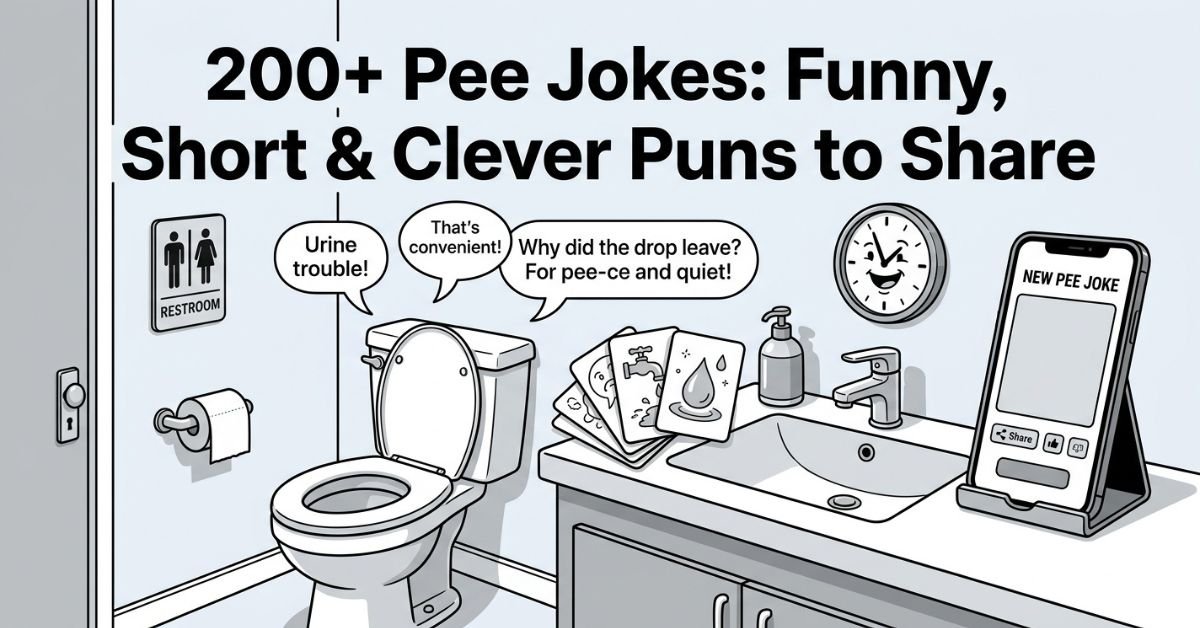 200+ Pee Jokes: Funny, Short & Clever Puns to Share headline above a black and white cartoon bathroom scene with a toilet, sink, speech bubbles, and a smartphone displaying a joke app.