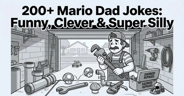 Black and white illustration of a generic plumber-style dad holding an oversized wrench inside a suburban garage workshop filled with pipes, tools, and bouncing mushrooms, with text reading '200+ Mario Dad Jokes: Funny, Clever & Super Silly'.
