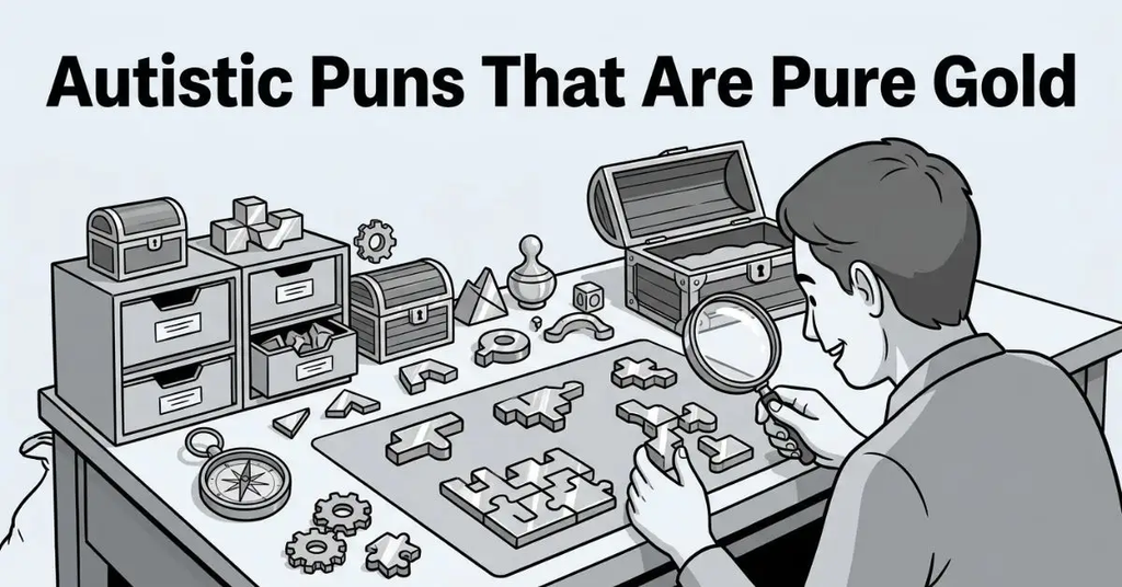 Over-the-shoulder grayscale illustration of a person examining geometric puzzle pieces with a magnifying glass at a workbench filled with organized treasure props, titled 'Autistic Puns That Are Pure Gold'.