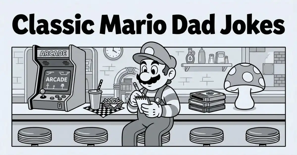 Grayscale editorial illustration of a retro plumber dad sitting at a diner counter holding a notepad next to a tabletop arcade machine and a mushroom lamp, titled 'Classic Mario Dad Jokes'.