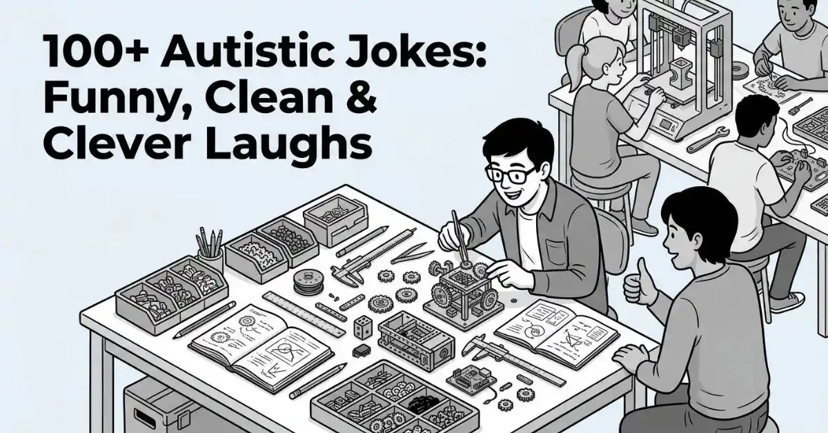 Isometric line art illustration of a person focused on assembling an intricate gear model at an organized makerspace workbench with a friend giving a thumbs-up, titled '100+ Autistic Jokes: Funny, Clean & Clever Laughs'.