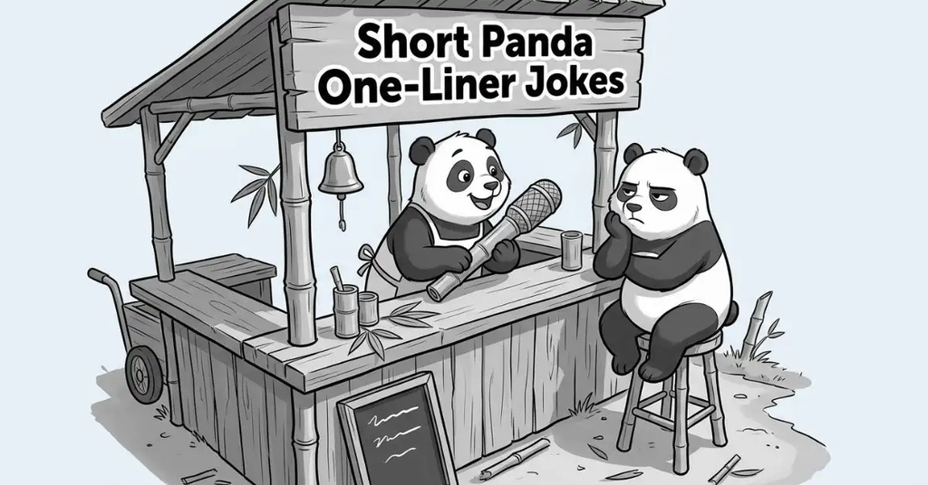 Black and white illustration of a cheerful panda holding a bamboo microphone at a bamboo snack stand while telling a joke to a unimpressed sitting panda, titled 'Short Panda One-Liner Jokes.