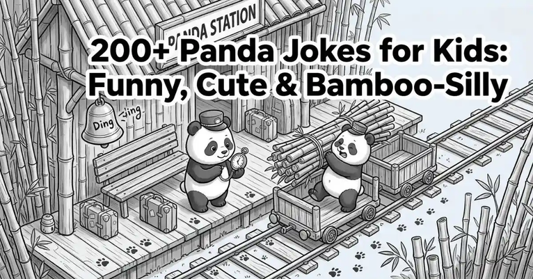 Isometric grayscale illustration of two cute pandas dressed as train conductors at a bamboo-themed railway station loading bamboo onto a cart, titled '200+ Panda Jokes for Kids: Funny, Cute & Bamboo-Silly'.