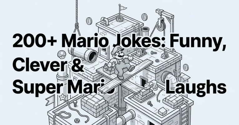 Overhead grayscale isometric illustration of a generic plumber character navigating a rooftop construction site with pipes, bricks, and floating coins, titled '200+ Mario Jokes: Funny, Clever & Super Mario Laughs'.
