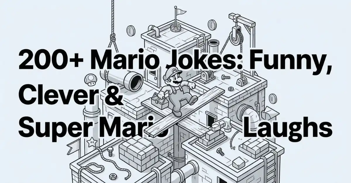 Overhead grayscale isometric illustration of a generic plumber character navigating a rooftop construction site with pipes, bricks, and floating coins, titled '200+ Mario Jokes: Funny, Clever & Super Mario Laughs'.