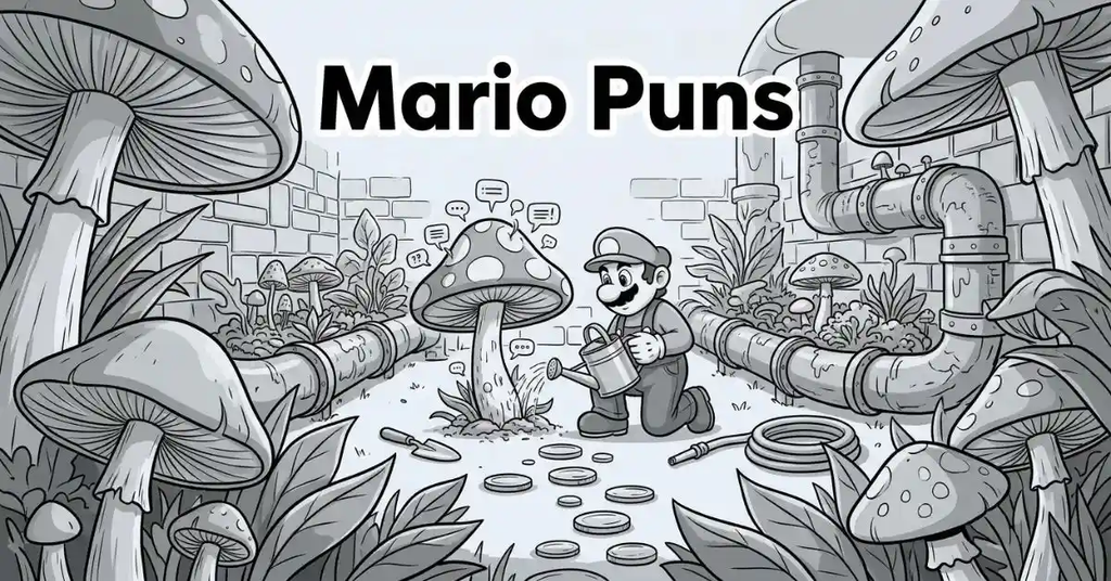 Ground-level black and white illustration of a plumber kneeling with a watering can in a giant mushroom garden surrounded by pipes and stepping stones, titled 'Mario Puns'.